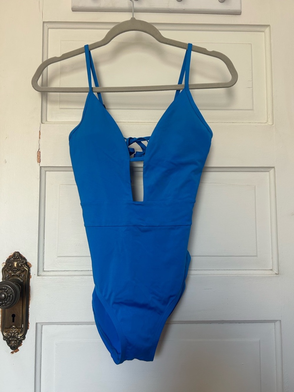 BECCA One Piece Swimsuit Medium Blue Plunge Keyhole Tie Back Adjustable Beach